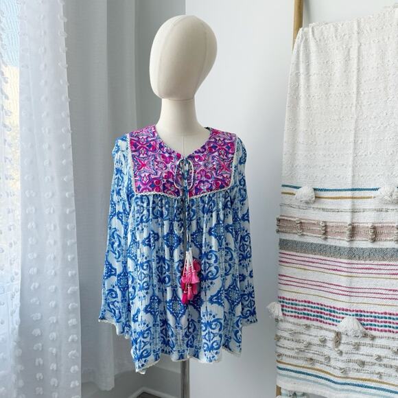 HEMANT & NANDITA Tops - Hemant & Nandita Blue Pink Embroidered Beaded Tassel Tie Cape Top Women’s Small
